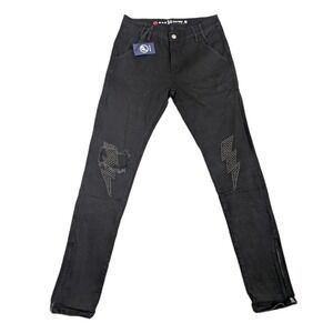Parlay Jeans Lighthing Bolt Rhinestones Mens 34x32 Black Denim Distressed Skinny